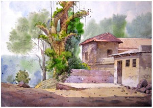 Landscape 8 by Vinayak Potdar, Original Watercolor Landscape Painting on Paper, Small Horizontal Wall Art