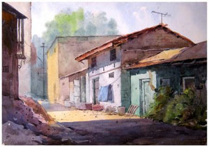 Landscape 9 by Vinayak Potdar, Original Watercolor Cityscape Painting on Paper, Small Horizontal Wall Art