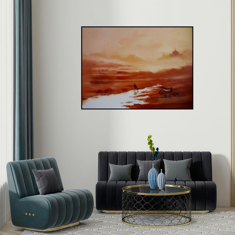 'Landscape I (Crimson Vista: A Landscape in Hues)' painting by Narayan Shelke shown on a wall in a furnished room.