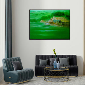 'Landscape Ii (Emerald Serenity: A Rural Indian Scene)' painting by Narayan Shelke shown on a wall in a furnished room.