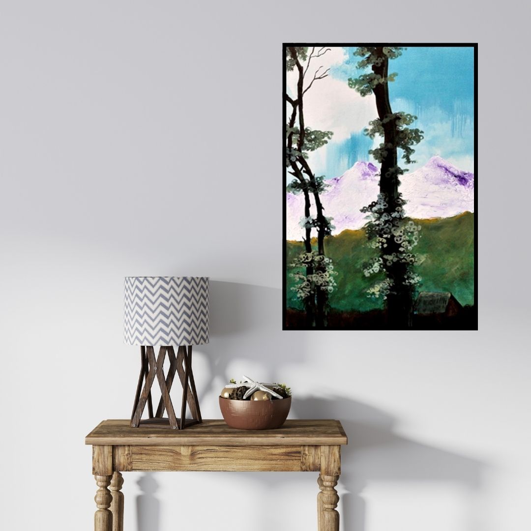 In-situ view of Devirani Dasgupta's 'Landscape Iii (Peaks of Serenity)' painting in a room