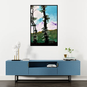 Preview of 'Landscape Iii (Peaks of Serenity)' Painting by Devirani Dasgupta shown on a wall in a furnished room.