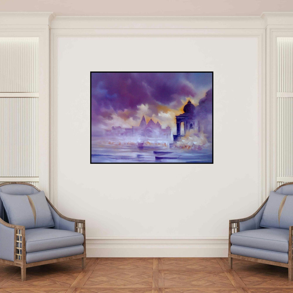'Landscape Iii (Violet Dusk: A Citys Dream)' painting by Narayan Shelke shown on a wall in a furnished room.