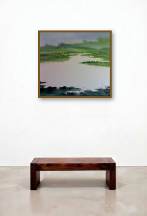Landscape Ix (River of Dreams: A Verdant Expanse) by artist Narayan Shelke displayed in a Minimalist Penthouse