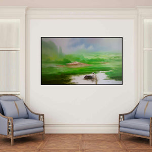 'Landscape V (Symphony of Green: A Pastoral Idyll)' painting by Narayan Shelke shown on a wall in a furnished room.