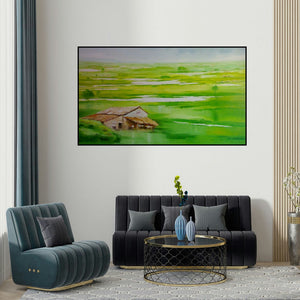 Narayan Shelke's 'Landscape Vii (Verdant Valley: A Home in Natures Embrace)' painting visualized above a sofa in a contemporary room.