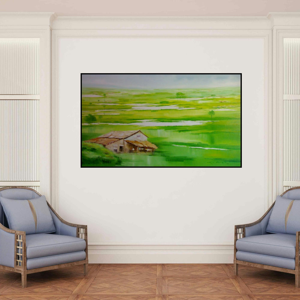 'Landscape Vii (Verdant Valley: A Home in Natures Embrace)' painting by Narayan Shelke shown on a wall in a furnished room.