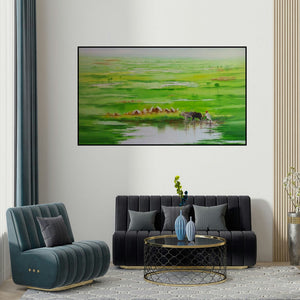 Narayan Shelke's 'Landscape Viii (Emerald Crossing: A Pastoral Scene)' painting visualized above a sofa in a contemporary room.