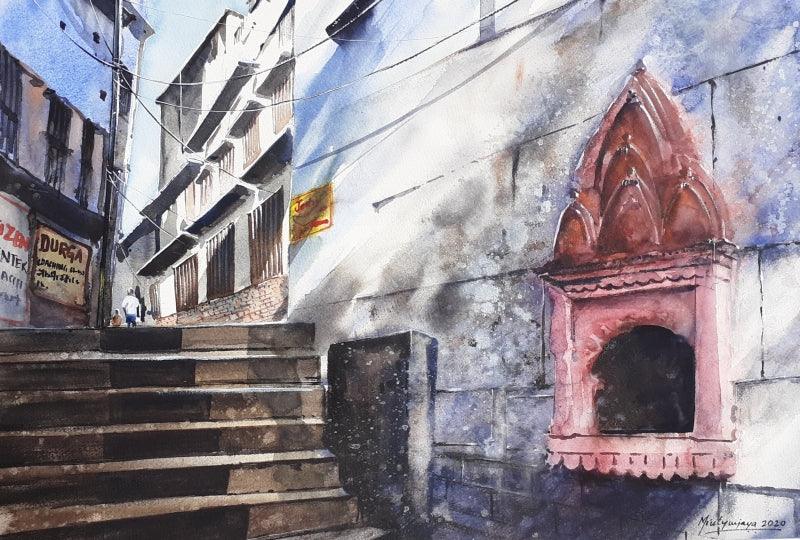 Cityscape watercolor painting titled 'Lanes of Banaras', 16x12 inches, by artist Mrutyunjaya Dash on paper