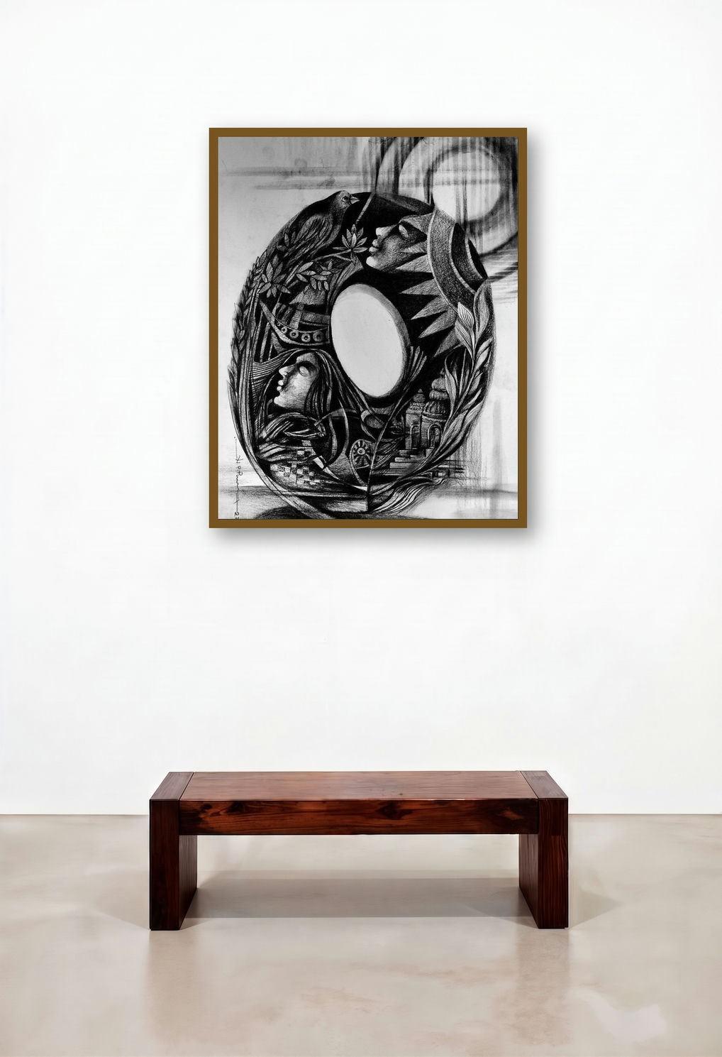 Language Of Nature (The Wheel of Life) by artist N P Pandey displayed in a Rustic Hallway