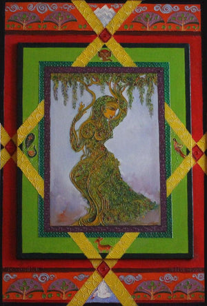 Latika (Enchanted Vine: A Woman in Bloom) by Satish Chavhan, Original Oil Figurative Painting on Canvas Board, Medium Vertical Wall Art