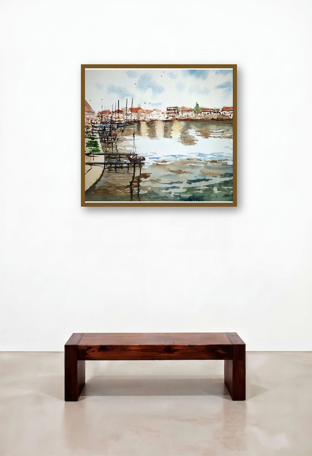 Lausanne Switzerland (Harbor Reflections) by artist Arunava Ray displayed in a Modern Reception Area