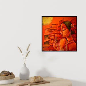 In-situ view of Sumon Naskar's 'Laxmi (A Bustling Bazaar)' painting in a room