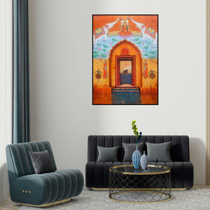 'Laxmi (Blessings of Abundance)' painting by Paramesh Paul shown on a wall in a furnished room.