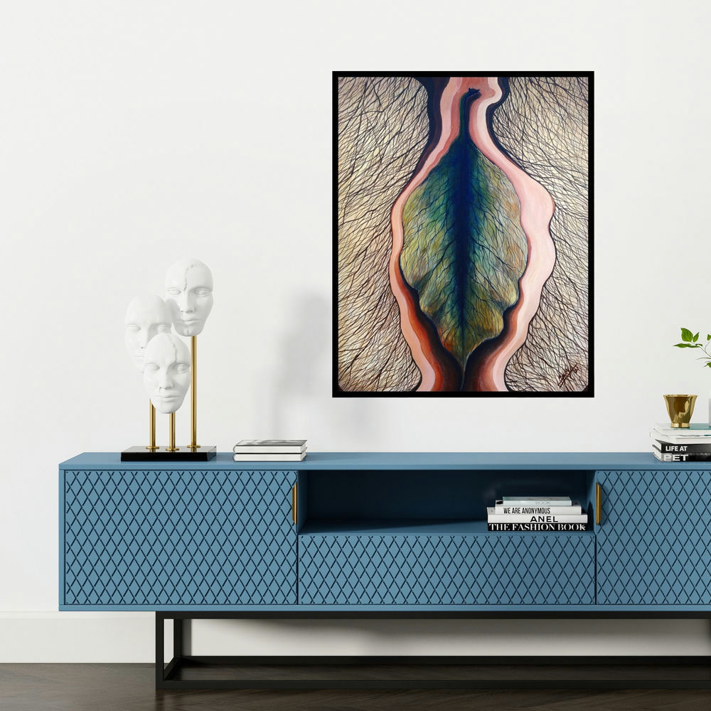 'Leaf' painting by Seby Augustine shown on a wall in a furnished room.
