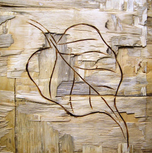 Leafy Wood I (Natures Etching) by Somen Debnath, Original Mixed Media Abstract Painting on Wood, X-Small Square Wall Art