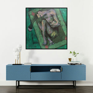 'Leave Me (In the Shadow of Thought)' painting by Akashay Avsare shown on a wall in a furnished room.