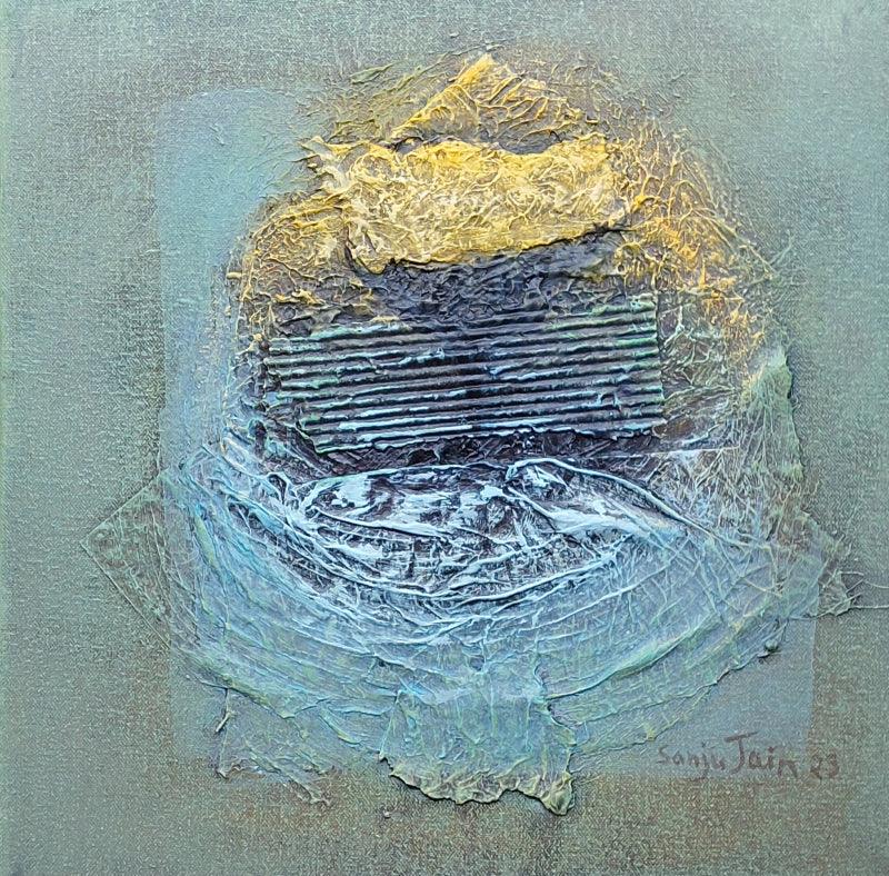 Abstract mixed media painting titled 'Leh Ladakh 1', 12x12 inches, by artist Sanju Jain on Canvas