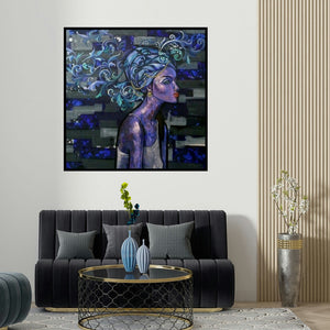 Suruchi Jamkar's 'At Leisure (Indigo Dreams)' painting visualized above a sofa in a contemporary room.