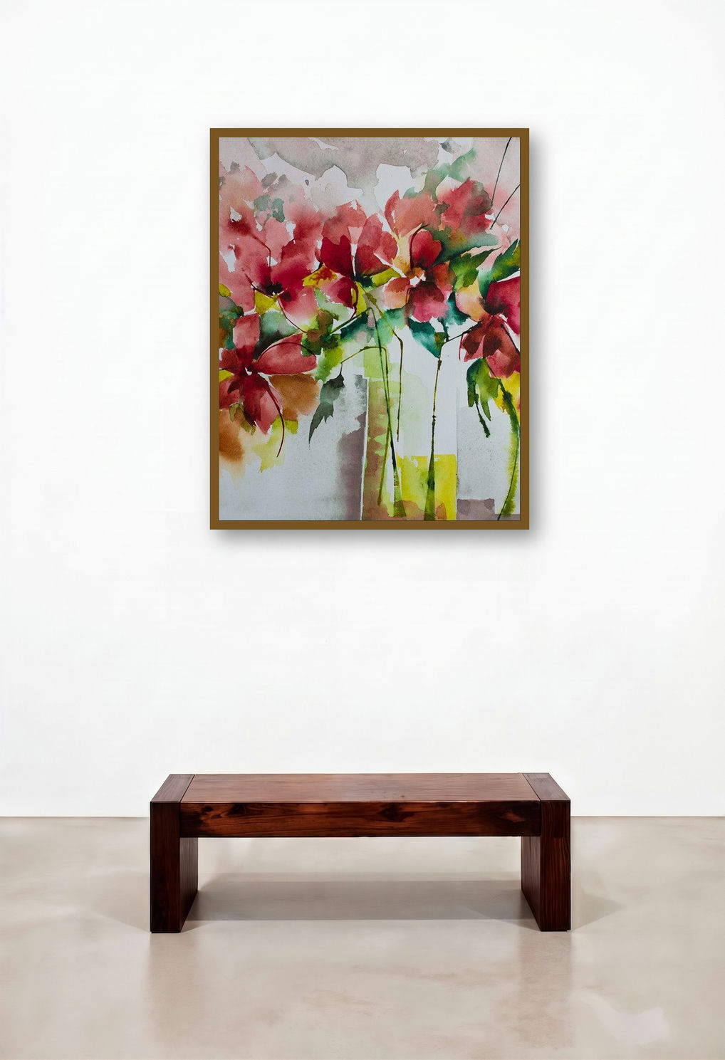 Les Marivaudages De Garance (Ruby artist Radiance: A Floral Still Life) by artist Veronique Piaser-Moyen displayed in a Minimalist Reception Area