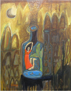 Let Me Free (Bottled Dreams) by Arpita Chandra, Original Canvas Figurative Painting on Canvas, Small Vertical Wall Art
