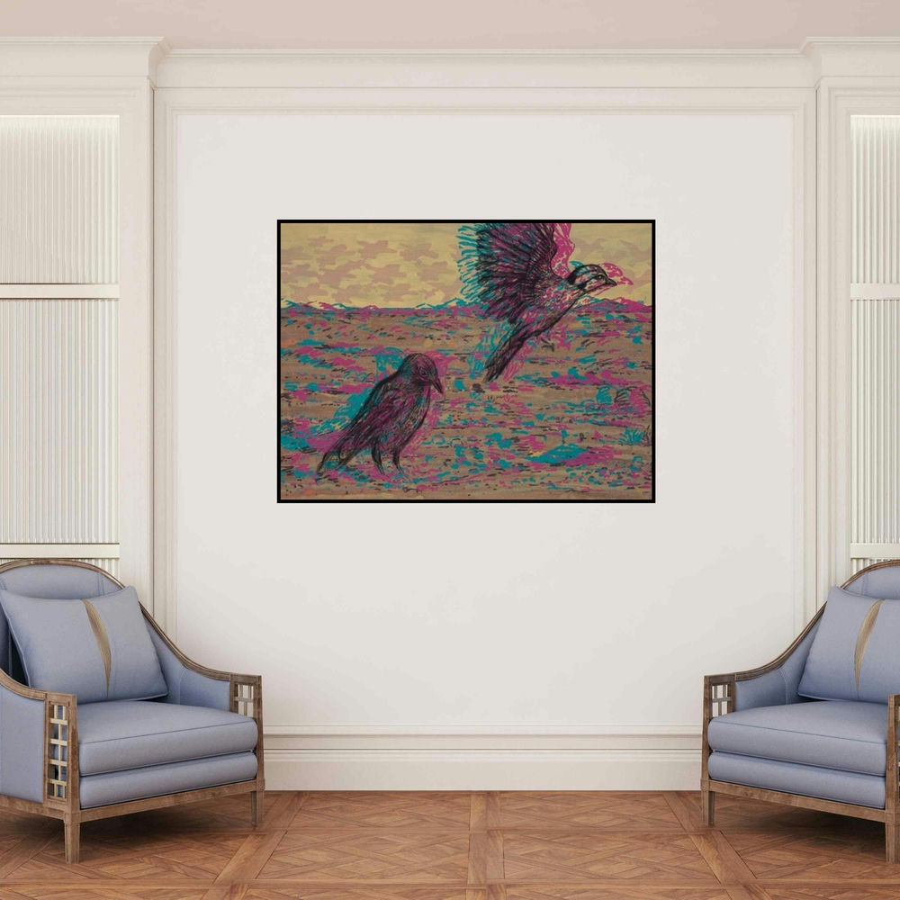 'Lets Fly Away To A Better Place (Flight and Contemplation)' painting by Durgaprasad Bandi shown on a wall in a furnished room.