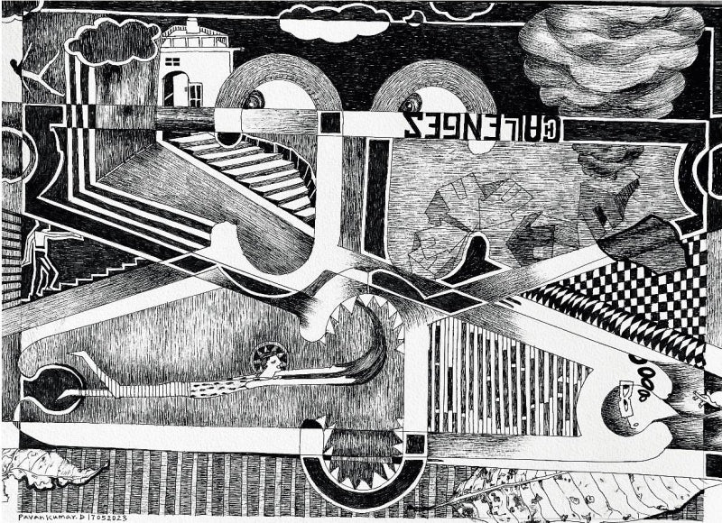 Lets Travel' contemporary pen-ink drawing by artist Pavan Kumar D, 11x15 inch, on paper