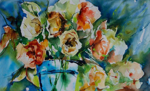 Liberte (Timeless Beauty: A Roses Romance) by Veronique Piaser-Moyen, Original Watercolor Still-Life Painting on Paper, Small Horizontal Wall Art