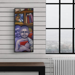 Preview of 'Library (The Inner Radiance)' Painting by Apet Pramod shown on a wall in a furnished room.