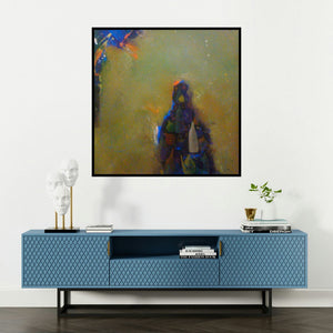 'Life 1 (Solitary Figure)' painting by Pravin Shinde shown on a wall in a furnished room.