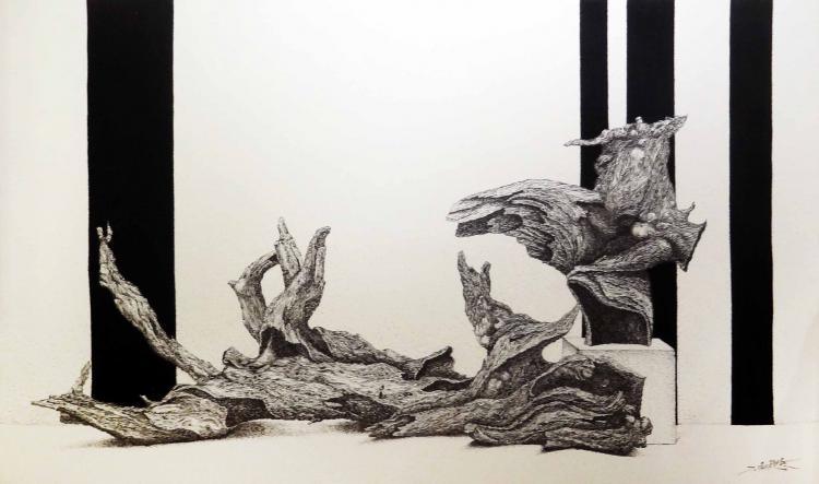 Abstract ink drawing titled 'Life 1', 36x60 inches, by artist Dhananjay Thakur on Canvas