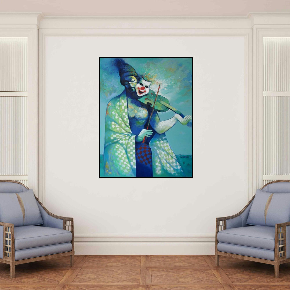 'Life 2' painting by Navnath Chobhe shown on a wall in a furnished room.