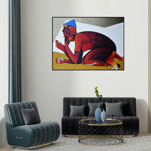 Nawal Kishore's 'Life 5' painting visualized above a sofa in a contemporary room.