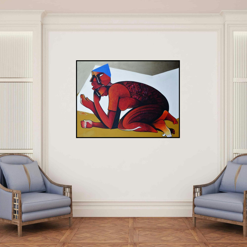 'Life 5' painting by Nawal Kishore shown on a wall in a furnished room.