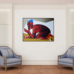 'Life 5' painting by Nawal Kishore shown on a wall in a furnished room.