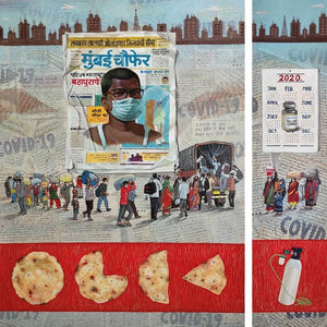 Figurative acrylic painting titled 'Life In Corona 2', 25x21 inches, by artist Purshottam Pawar on Paper