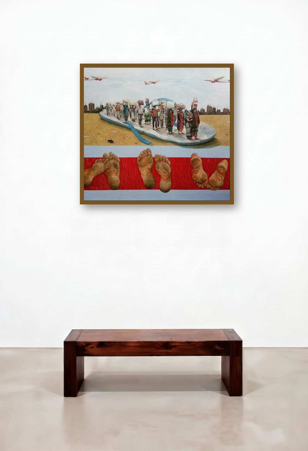 Life In Corona (The Great Indian Exodus) by artist Purshottam Pawar displayed in a Japandi Lounge