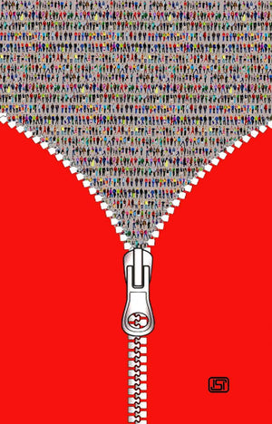 Life Jacket (The Unzipped Crowd) by Amarnath Sharma, Original Acrylic Contemporary Painting on Canvas, X-Large Vertical Wall Art