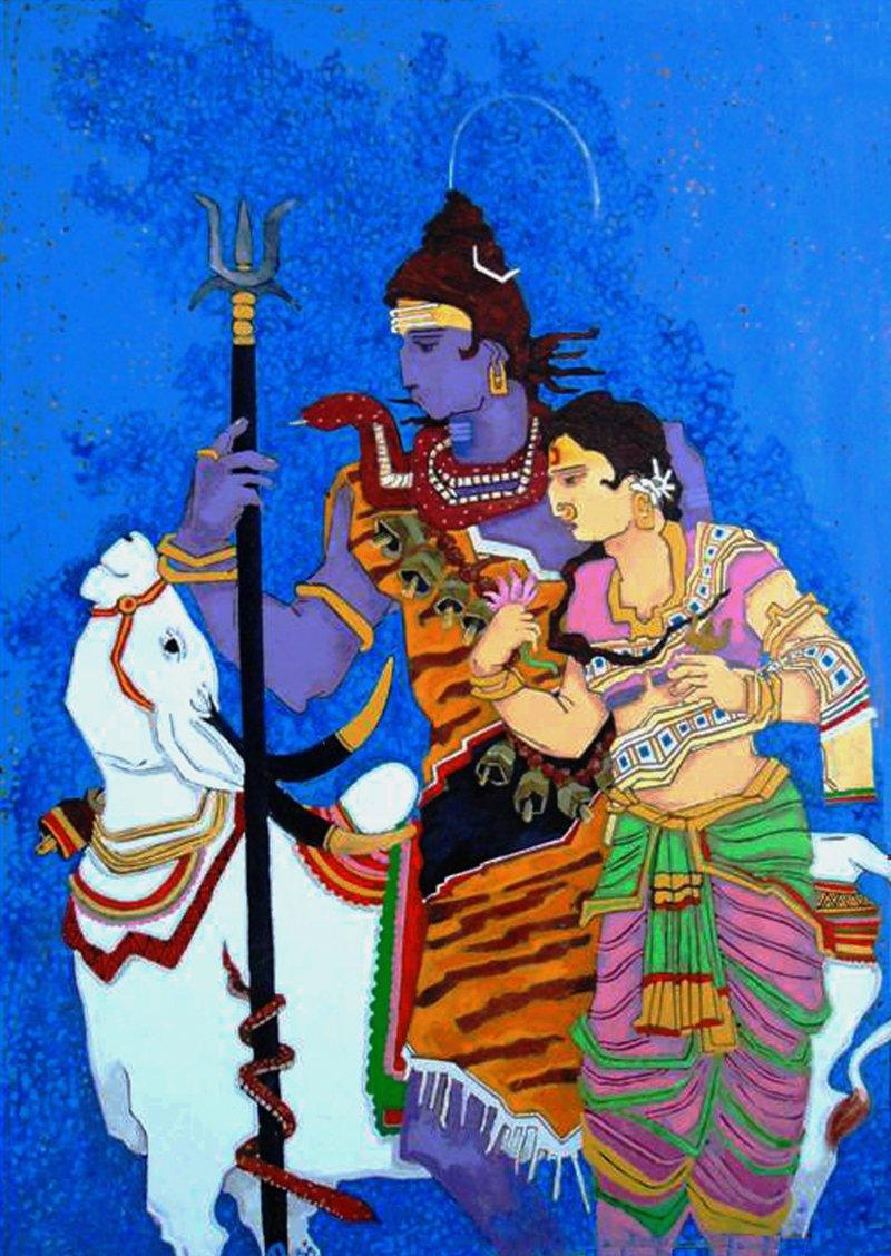 Religious acrylic painting titled 'Life Journey 1', 33x26 inches, by artist Someshwar on Canvas
