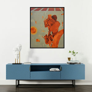 Amit Dhane's 'Life Line (The Burden of Sustenance)' painting visualized above a sofa in a contemporary room.