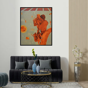 'Life Line (The Burden of Sustenance)' painting by Amit Dhane shown on a wall in a furnished room.