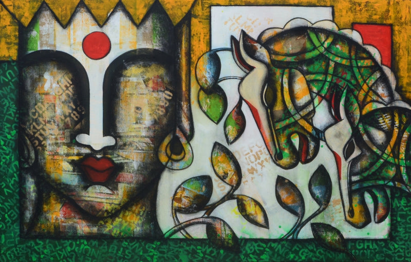 Life In Motion' figurative acrylic-charcoal painting by artist Anupam Pal, 30x47 inch, on canvas