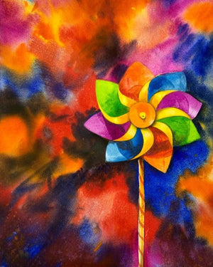 Life Of Paper Fan (Whimsical Whirlwind) by Ks Farvez, Original Watercolor Abstract Painting on Paper, Small Vertical Wall Art