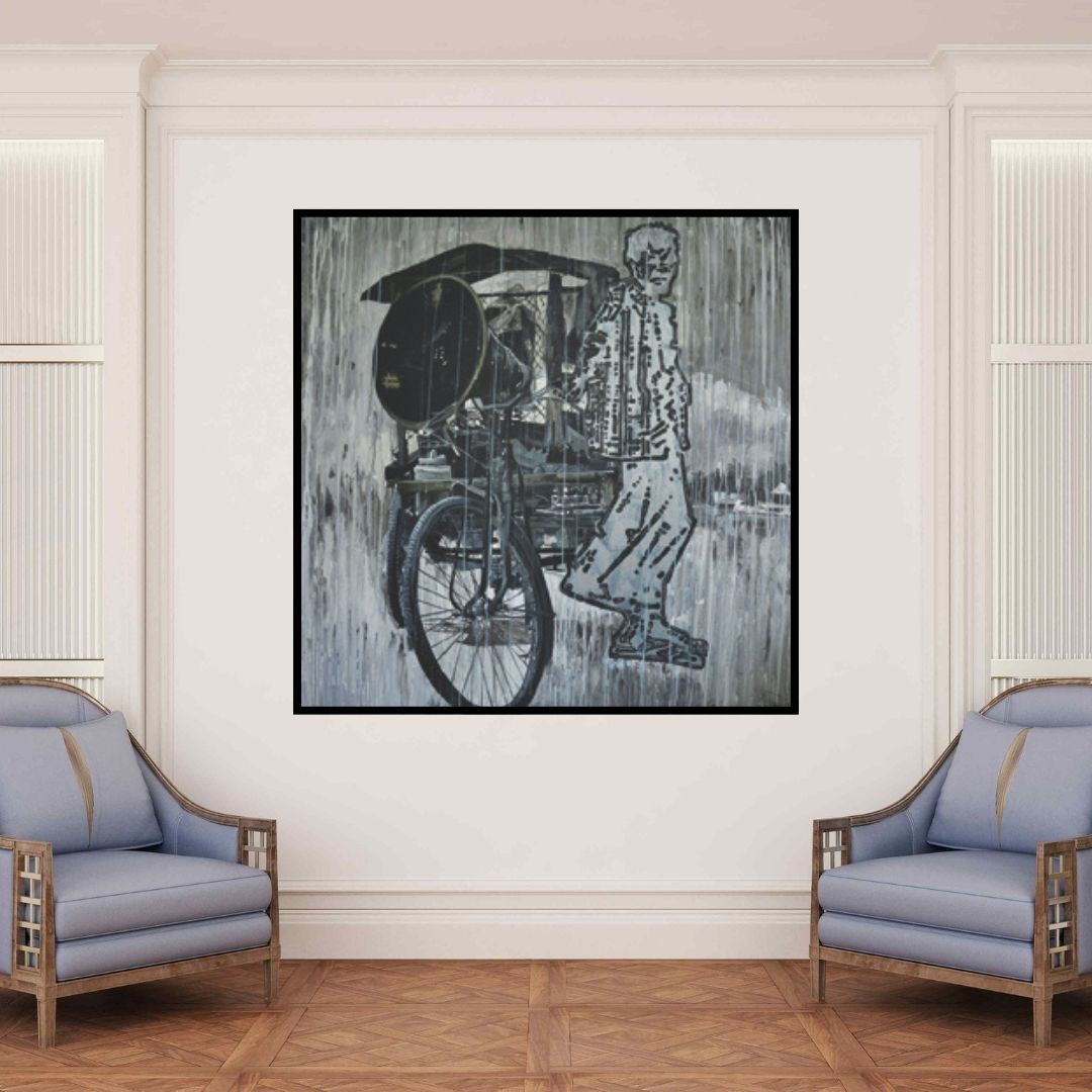 In-situ view of Ajit Deswandikar's 'Life Style (Wheels of Resilience)' painting in a room