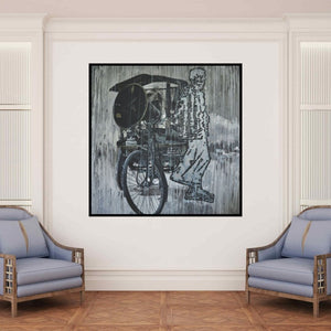 In-situ view of Ajit Deswandikar's 'Life Style (Wheels of Resilience)' painting in a room