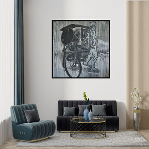 Preview of 'Life Style (Wheels of Resilience)' Painting by Ajit Deswandikar shown on a wall in a furnished room.
