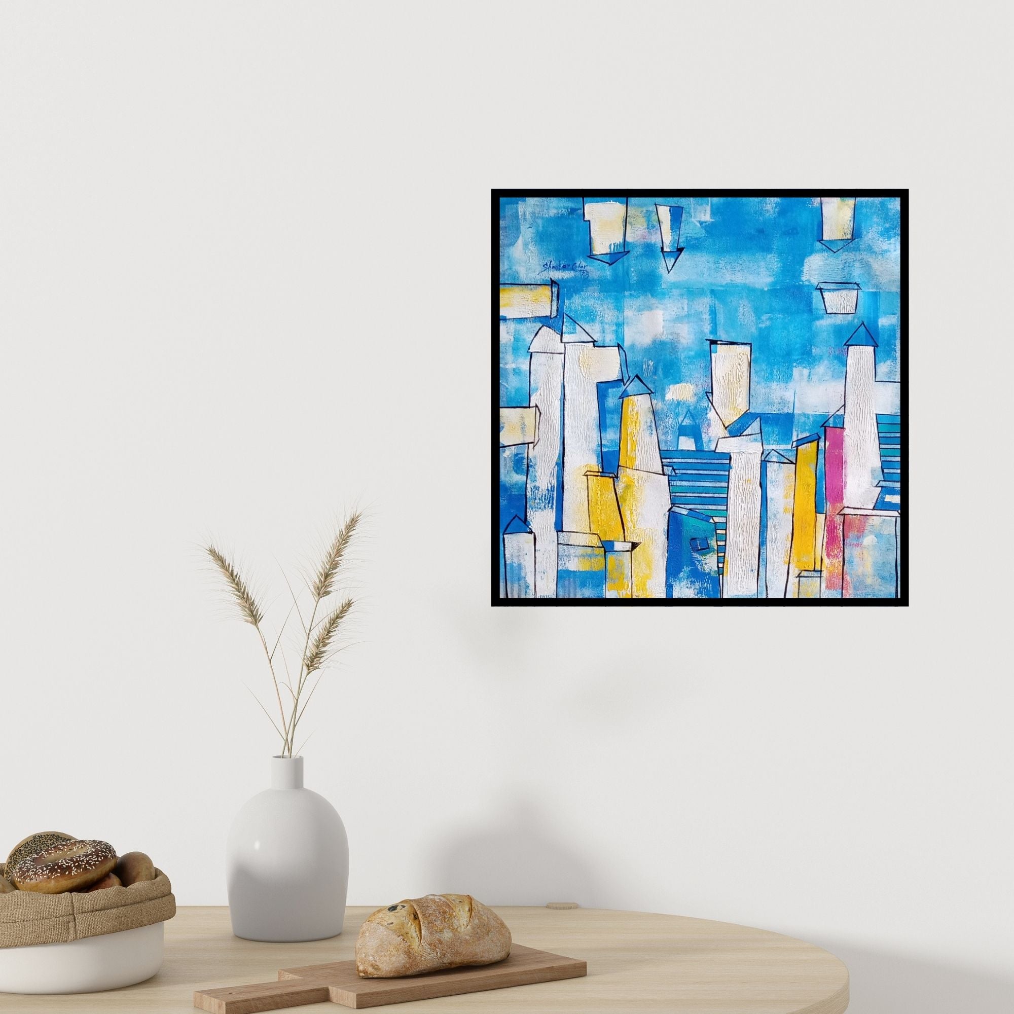 In-situ view of Shankar Lohar's 'Life Of Village 7 (A City's Dreams)' painting in a room