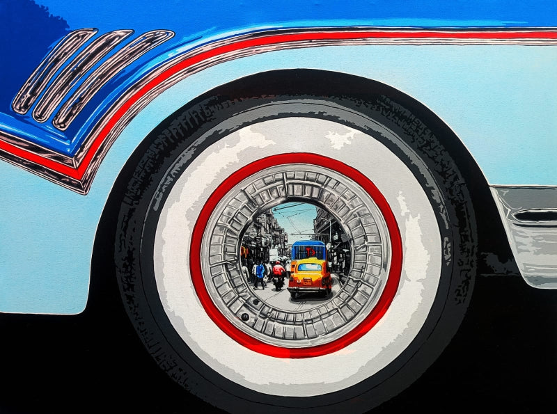 Life Wheel' transportation acrylic painting by artist Akshay Sawant, 36x48 inch, on canvas