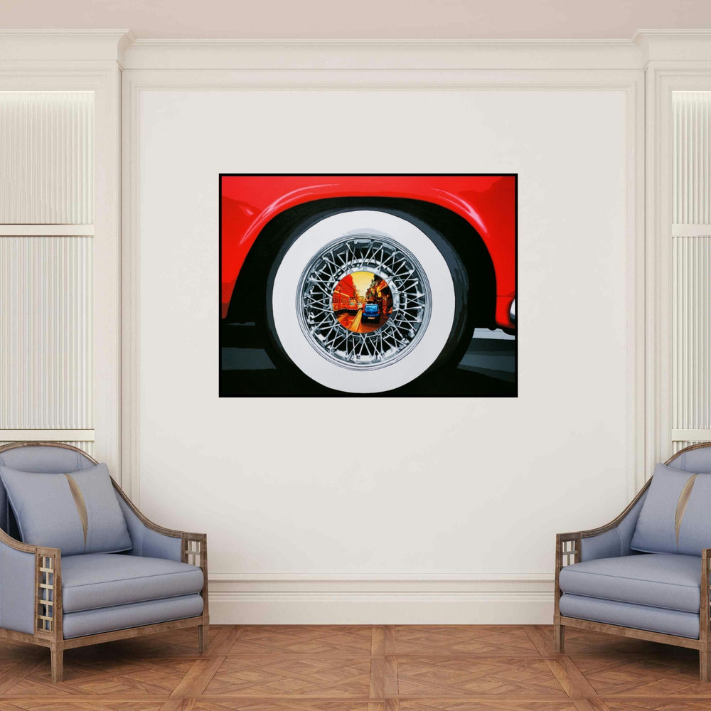 'Life Wheel 22 (A Glimpse Through Time)' painting by Sujit Karmakar shown on a wall in a furnished room.
