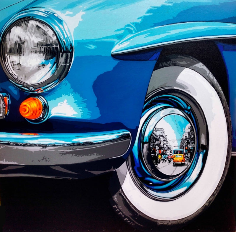 Life Wheel 52' transportation acrylic painting by artist Sujit Karmakar, 47x47 inch, on canvas